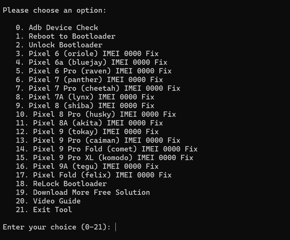 GSM Pixel 6 series IMEI Fix Toolkit main window showing numbered options