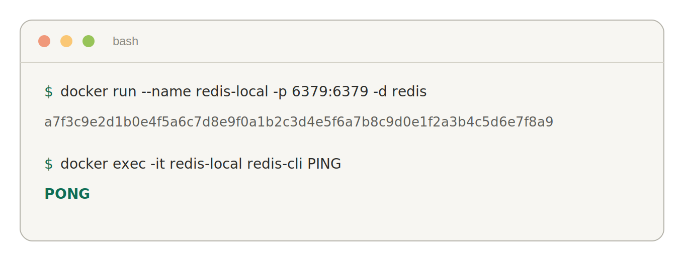 Terminal screenshot showing the docker run command starting a Redis container, followed by docker exec running redis-cli PING and Redis replying with PONG