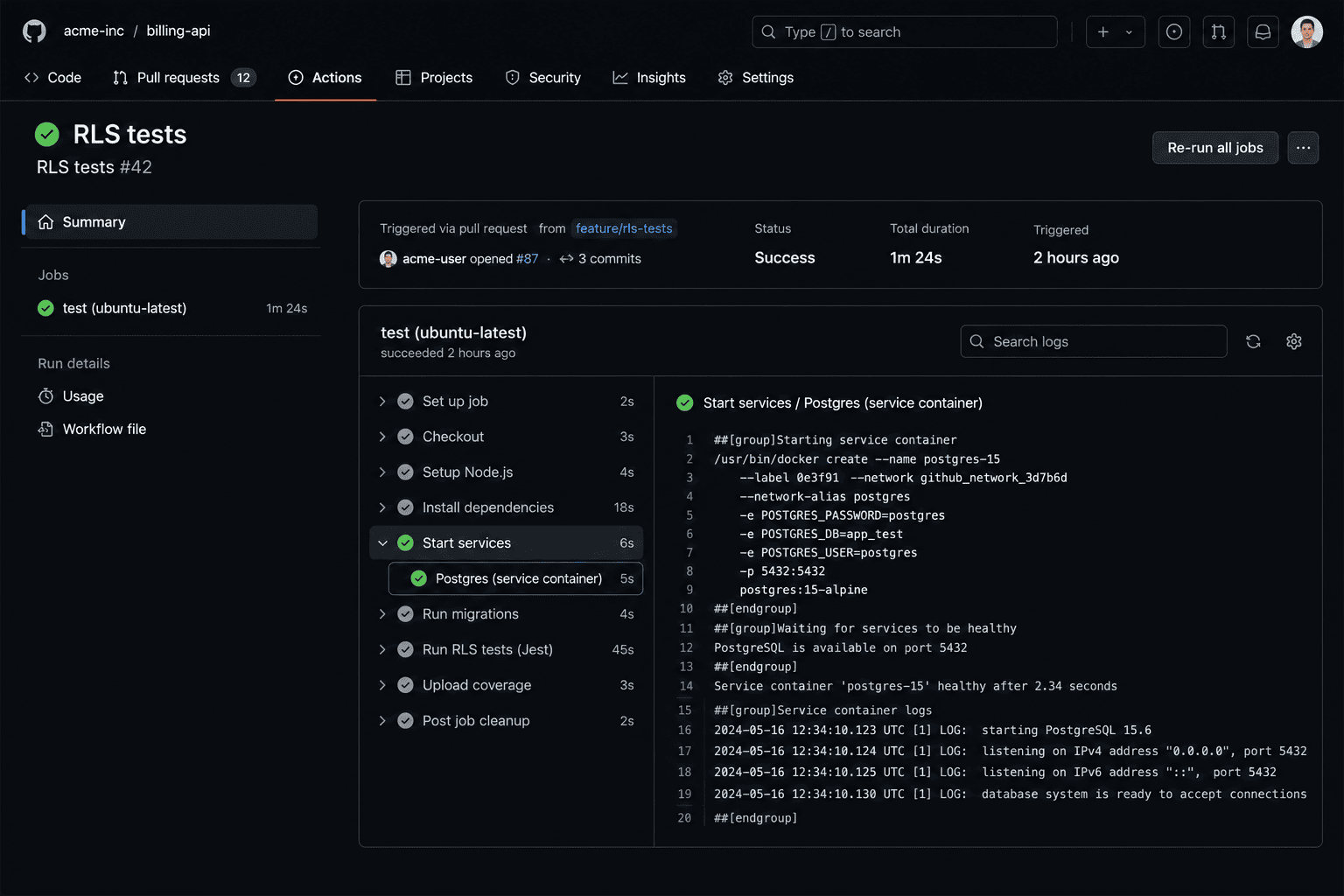 GitHub Actions workflow run page showing a pull request check named RLS tests with a green passing status, alongside a postgres service container step in the job log