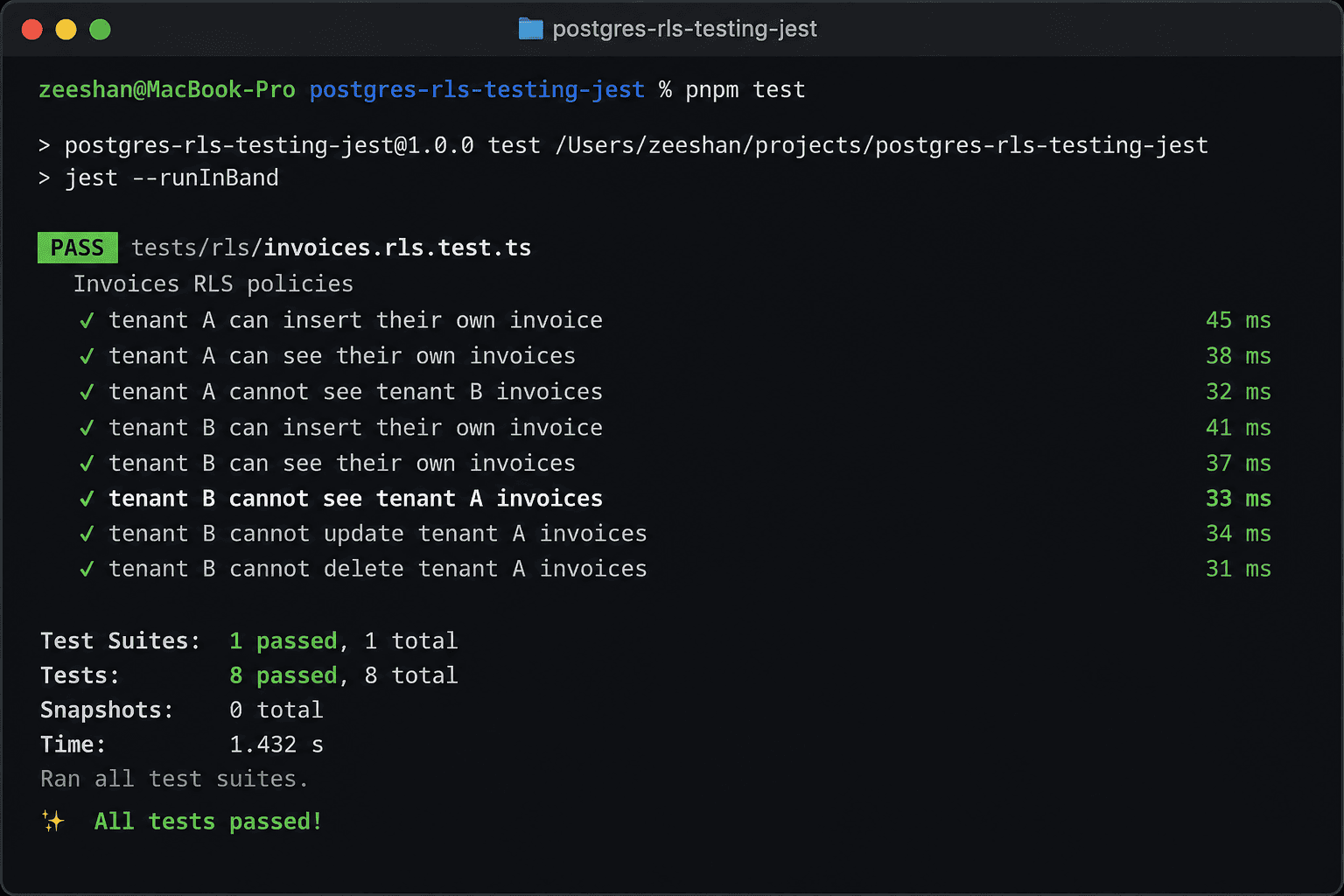 Terminal screenshot of a Jest test suite run showing multiple passing tests including one named tenant B cannot see tenant A invoices, with green checkmarks and a final summary line reporting all tests passed